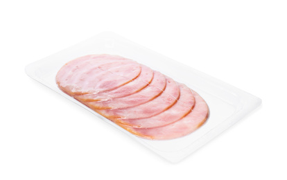 Photo of Slices of tasty ham on white background