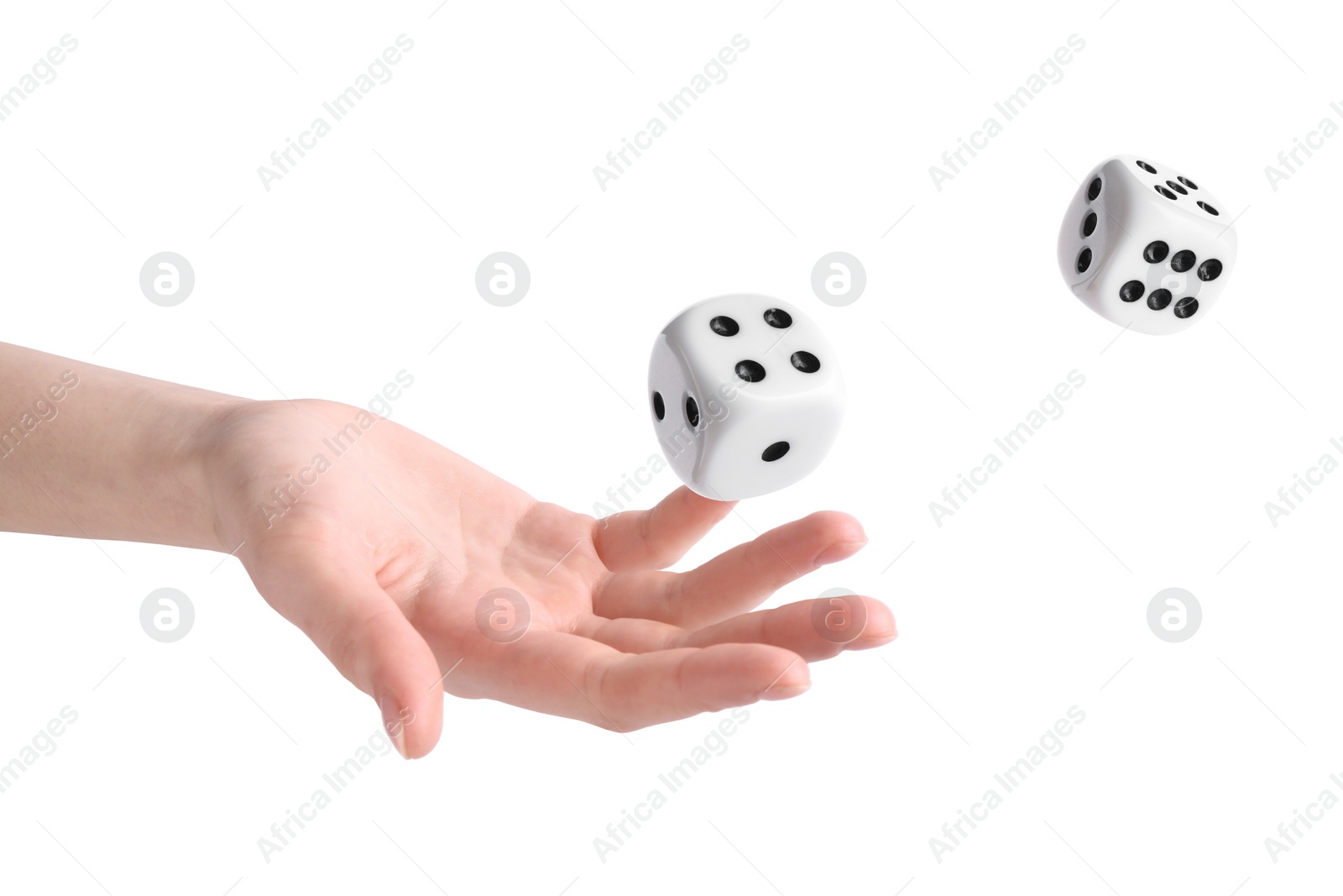 Image of Woman throwing dice on white background, closeup