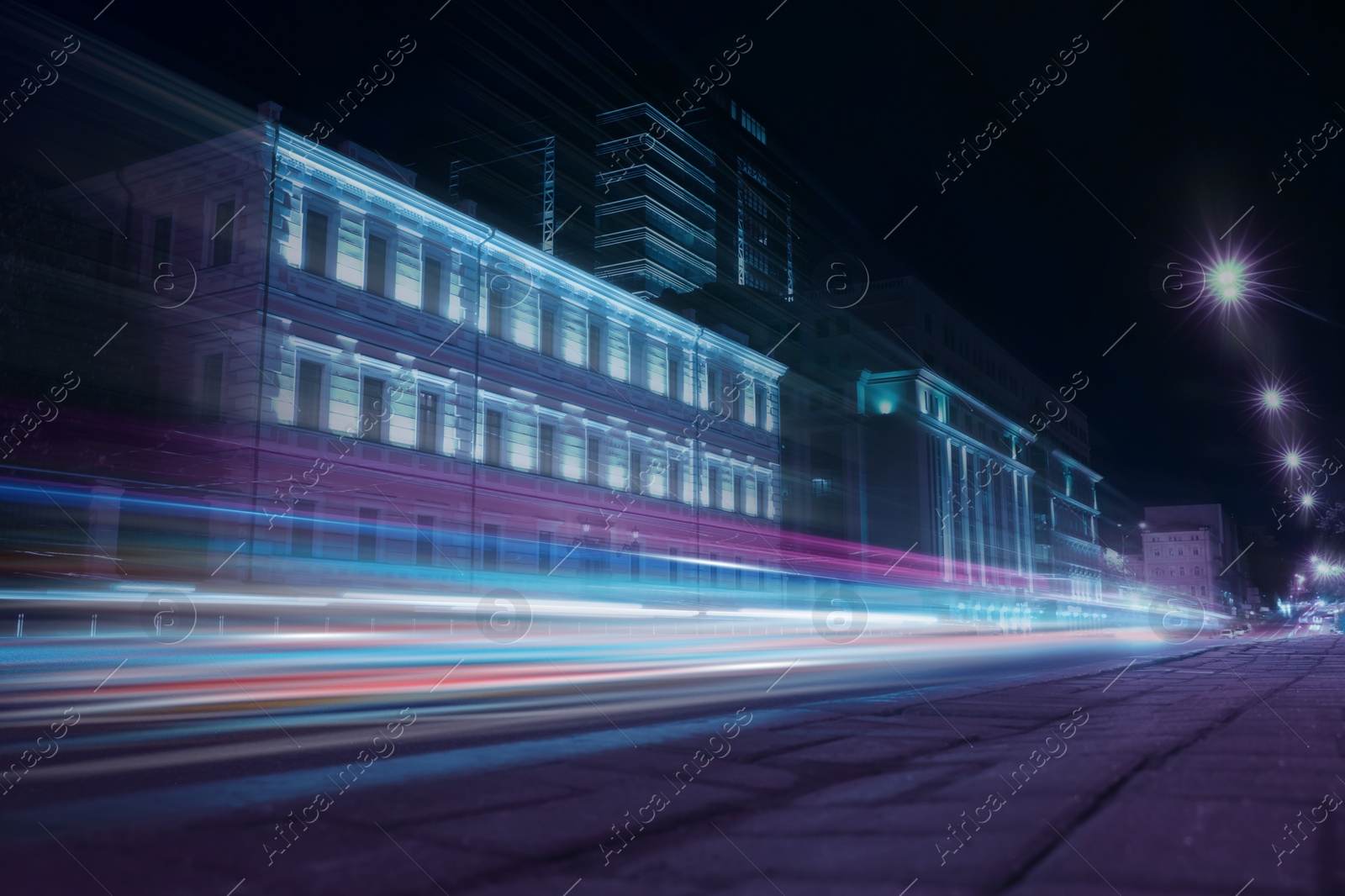 Image of Road traffic, motion blur effect. View of night cityscape with car light trails