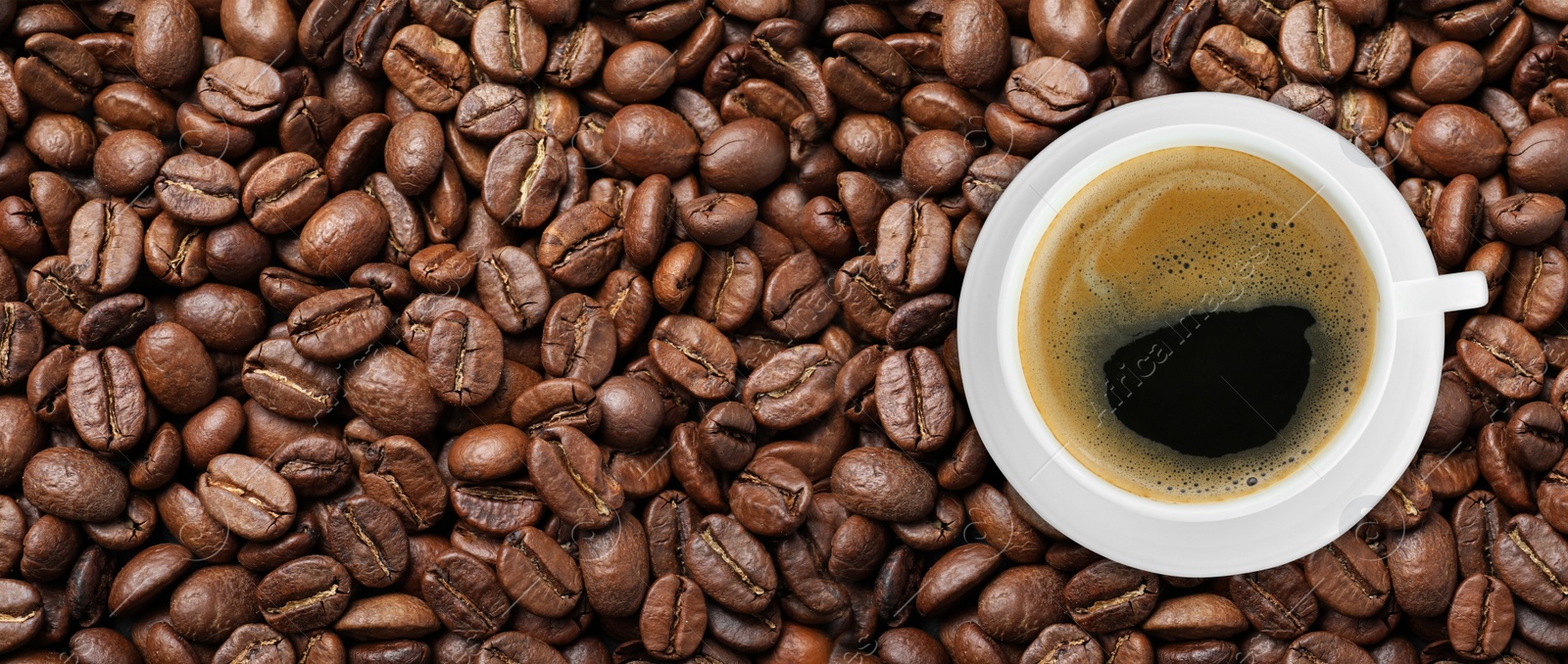 Image of Cup of tasty aromatic coffee on roasted beans, top view. Banner design