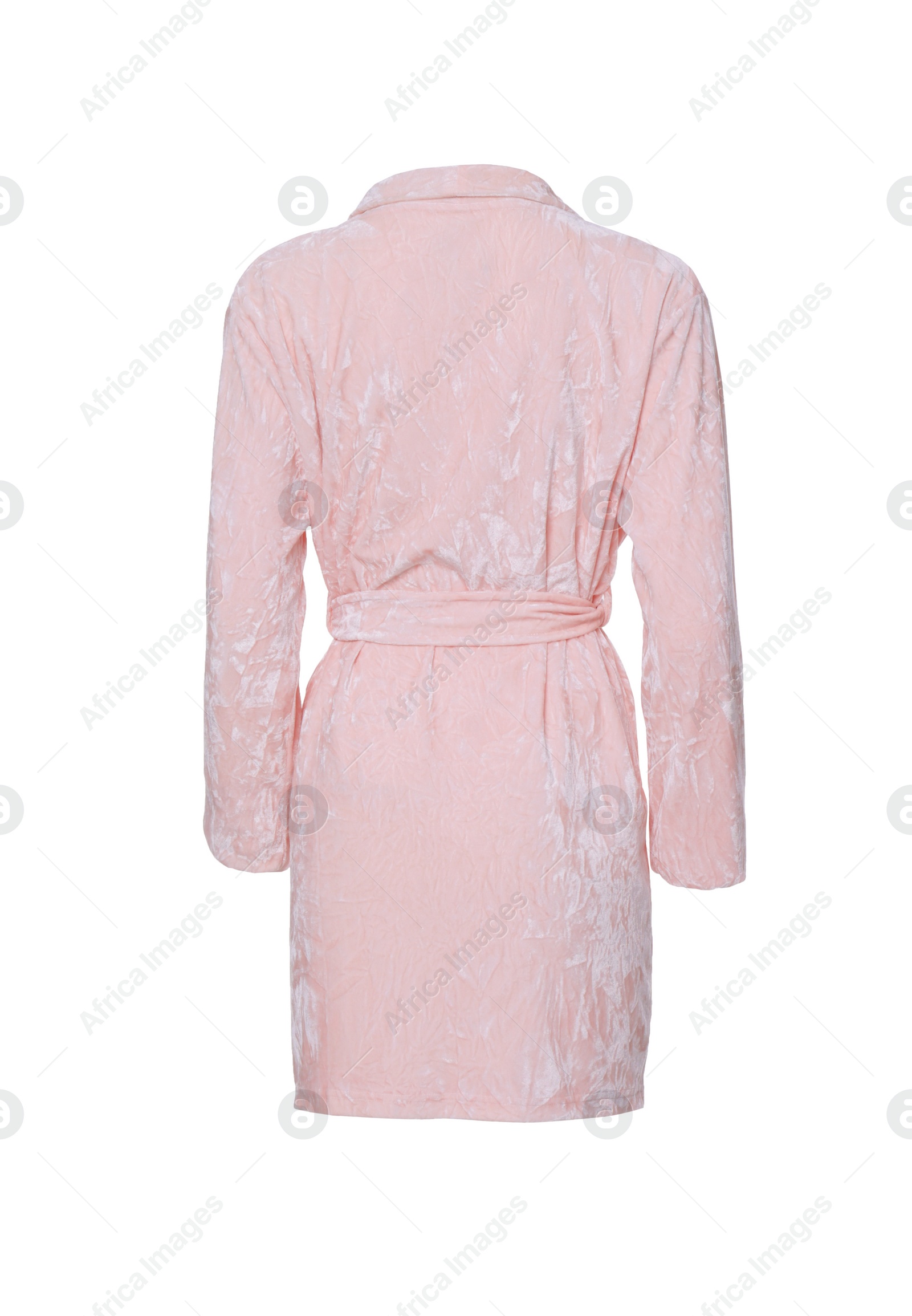 Image of Soft pink velour bathrobe isolated on white, back view