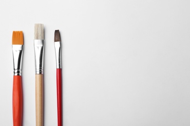 Photo of Different paint brushes on white background, top view. Space for text