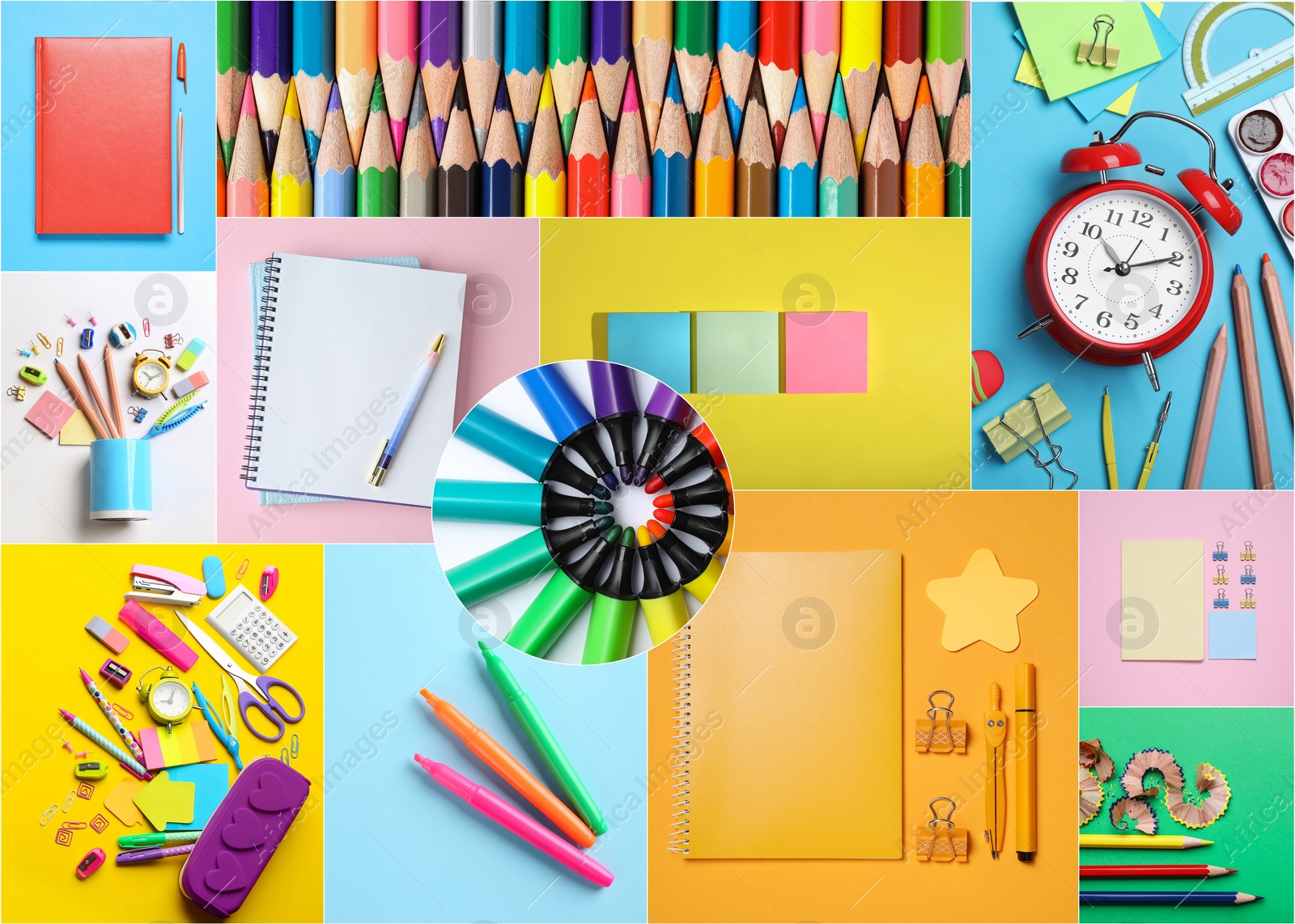 Image of Collage with photos of various school stationery on different color backgrounds, top view