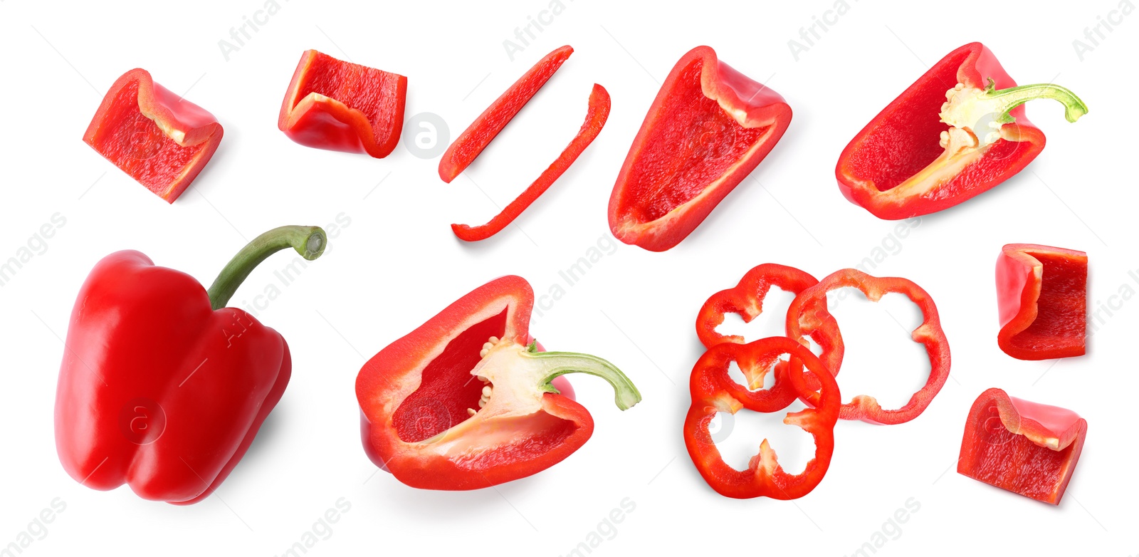 Image of Set of ripe red bell peppers on white background