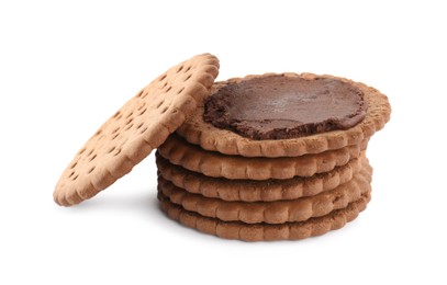 Photo of Tasty chocolate sandwich cookies with cream on white background