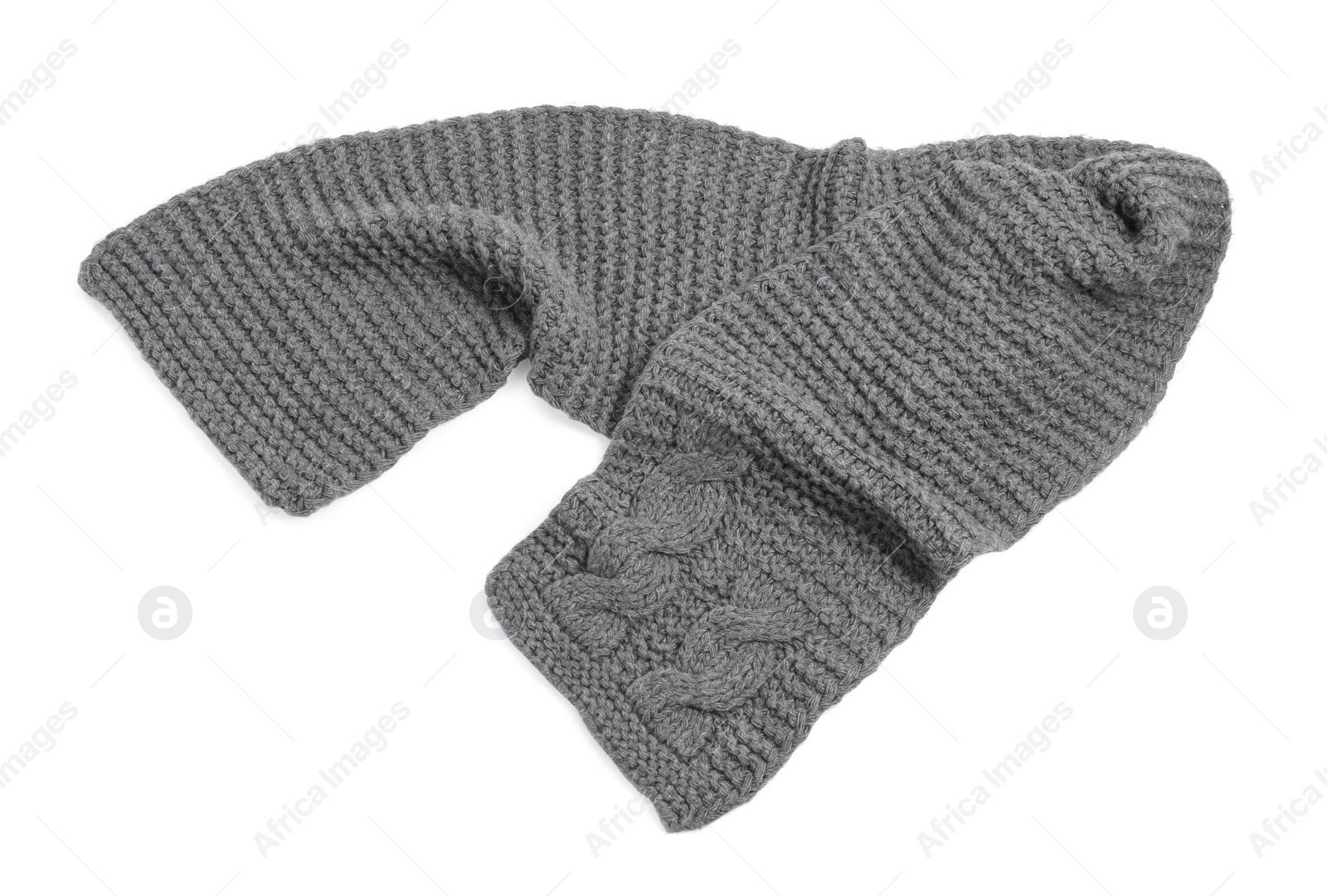 Photo of One grey knitted scarf on white background, top view