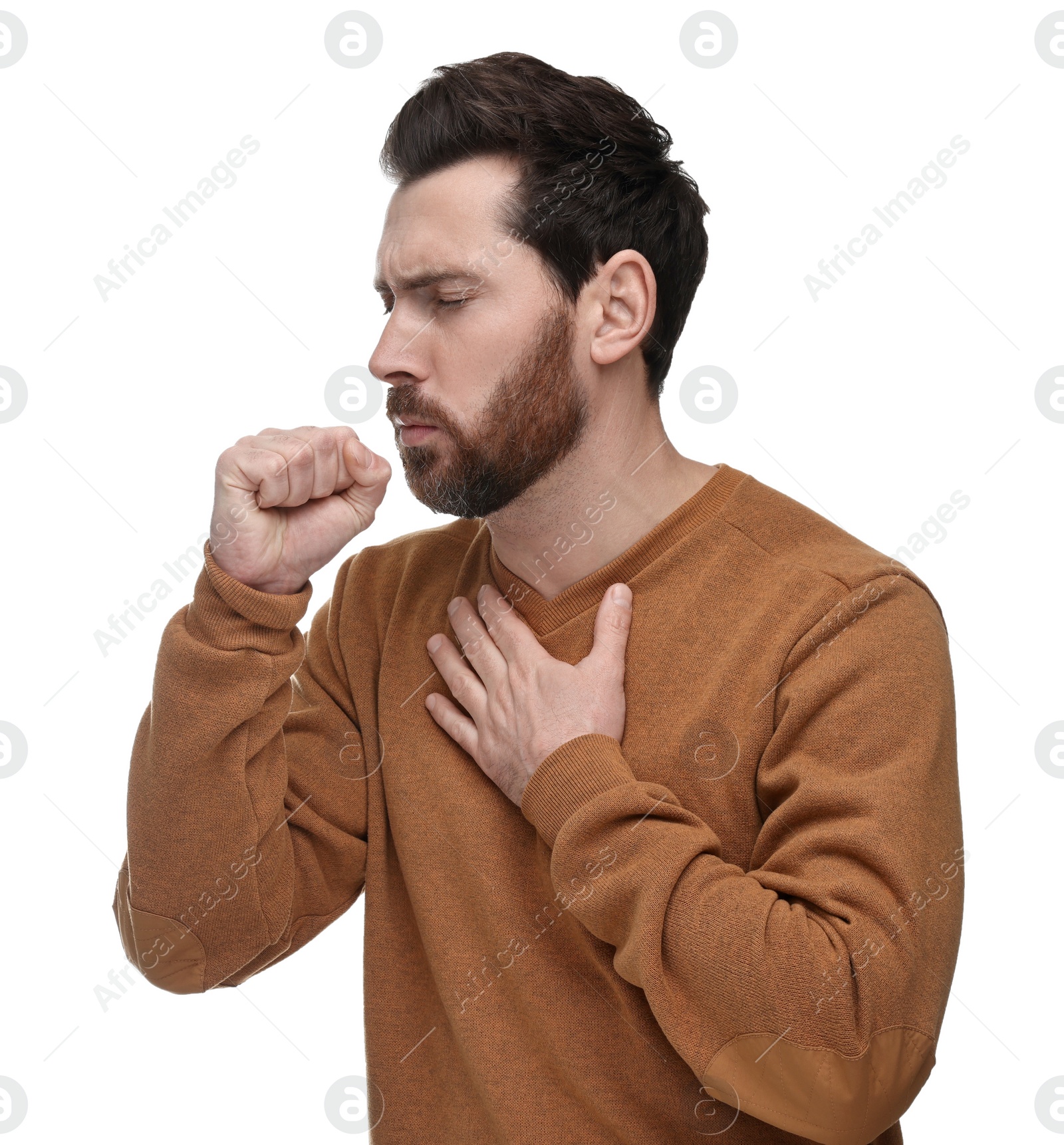 Photo of Sick man coughing on white background. Cold symptoms