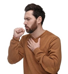 Sick man coughing on white background. Cold symptoms