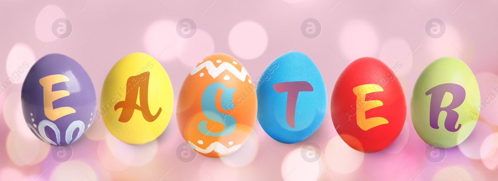 Image of Happy Easter. Colorful dyed eggs on pink background, banner design