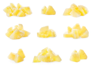 Image of Set of canned pineapple pieces on white background