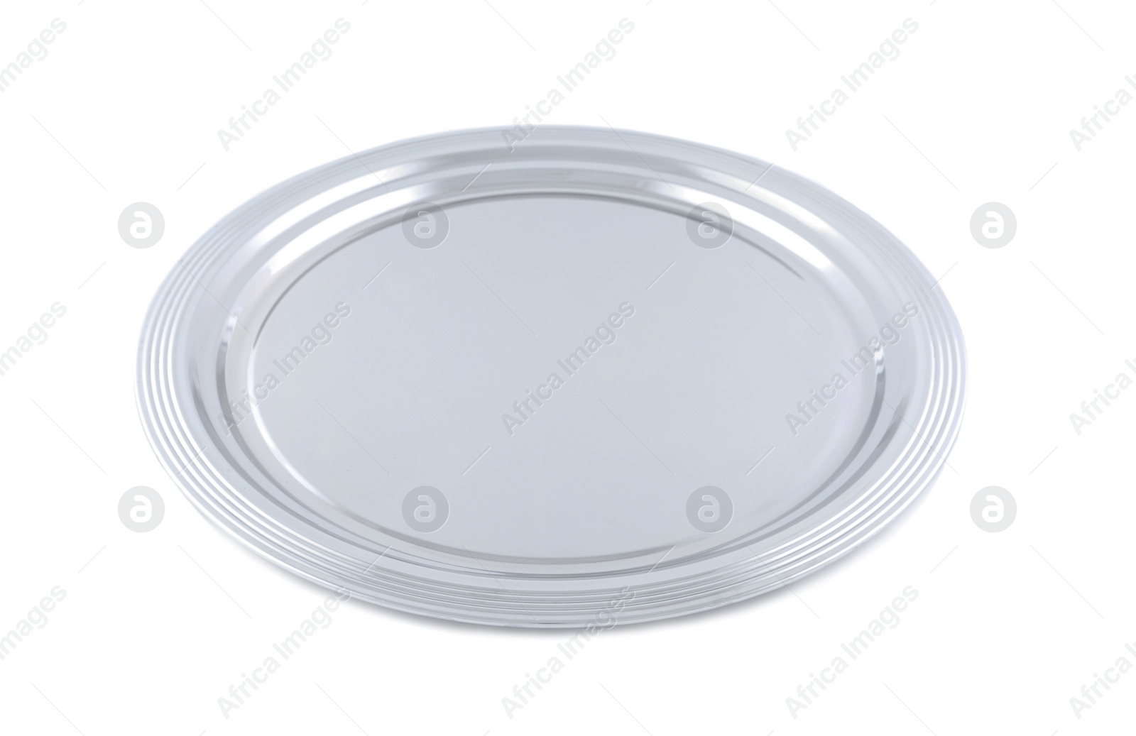 Photo of Empty metal tray isolated on white. Restaurant equipment