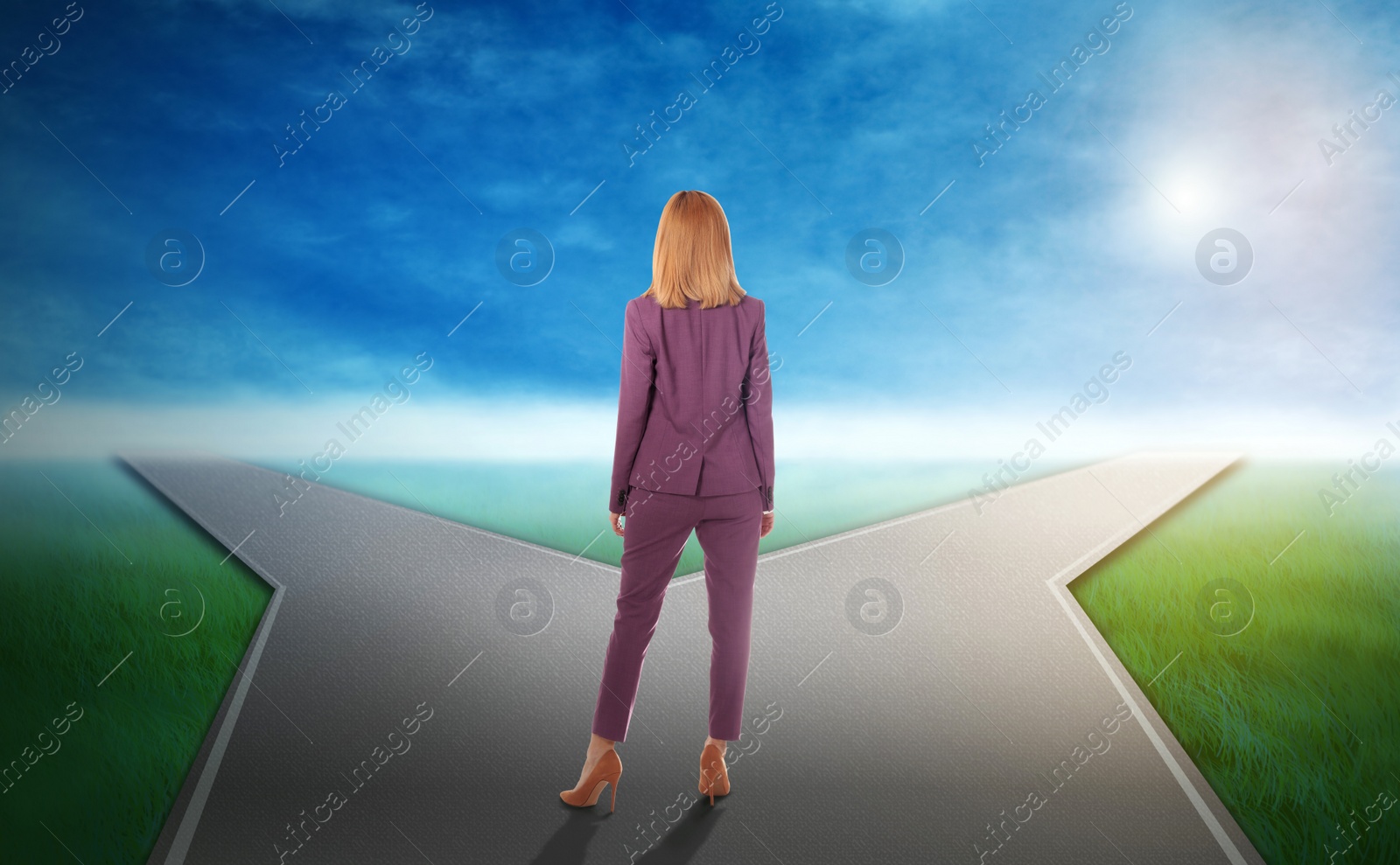 Image of Choose your way. Woman standing at crossroads taking important decision