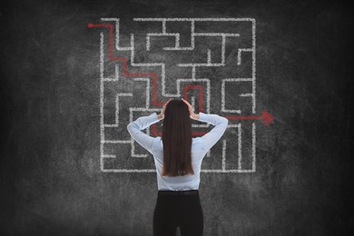 Image of Businesswoman looking at chalkboard with illustration of maze