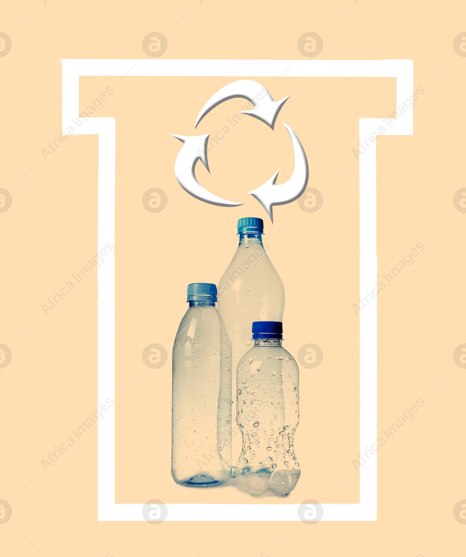 Image of Illustration of recycling symbol and empty plastic bottles on pink background