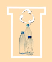 Image of Illustration of recycling symbol and empty plastic bottles on pink background