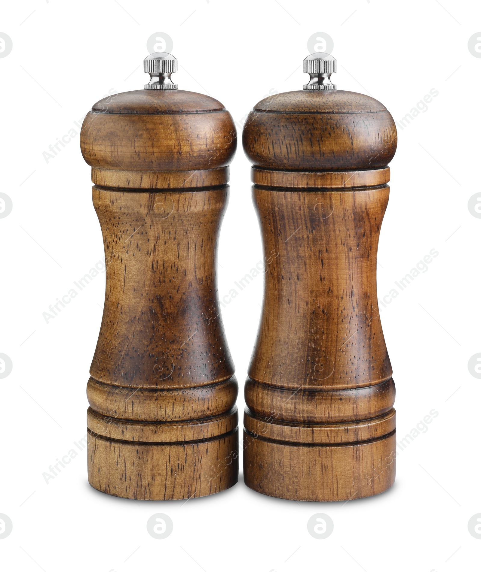 Photo of Wooden salt and pepper shakers isolated on white