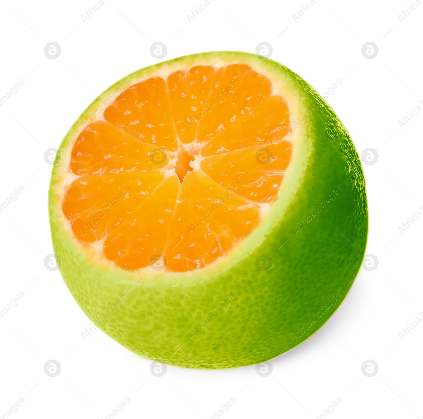 Image of Cut green tangerine isolated on white. Citrus fruit