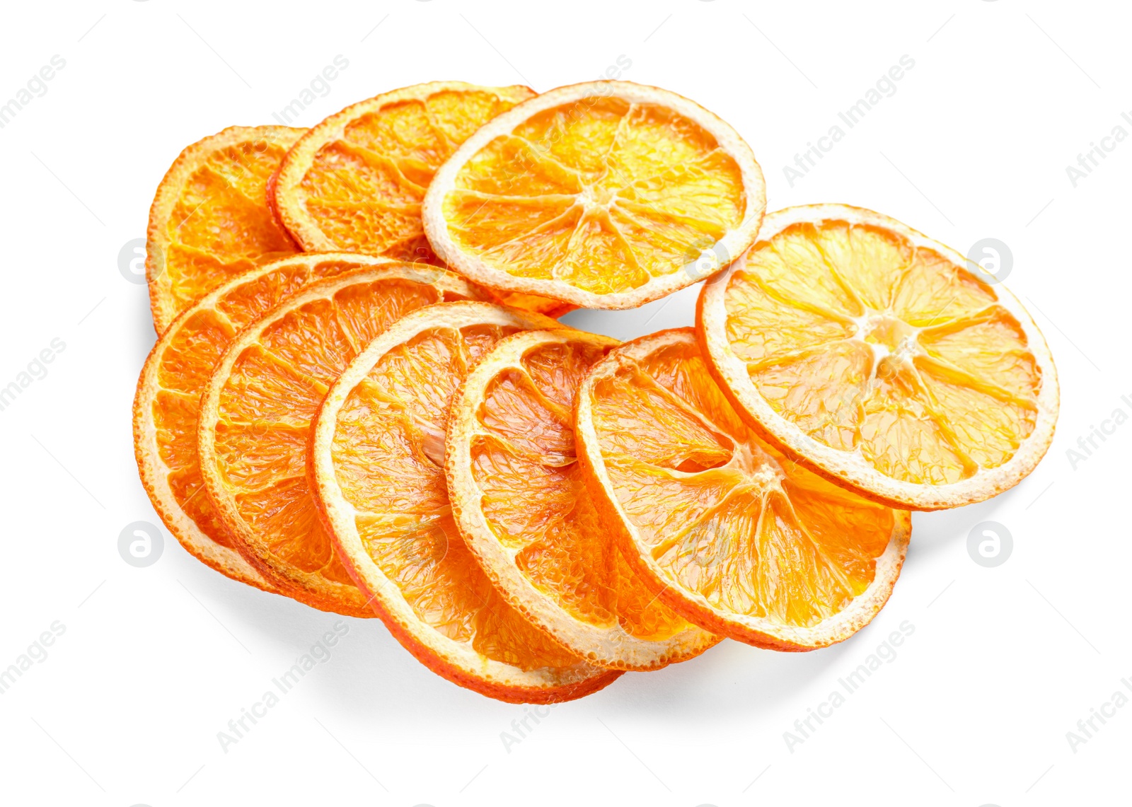 Delicious dry orange slices on white background Photo of Delicious dry orange slices on white background