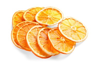 Photo of Delicious dry orange slices on white background