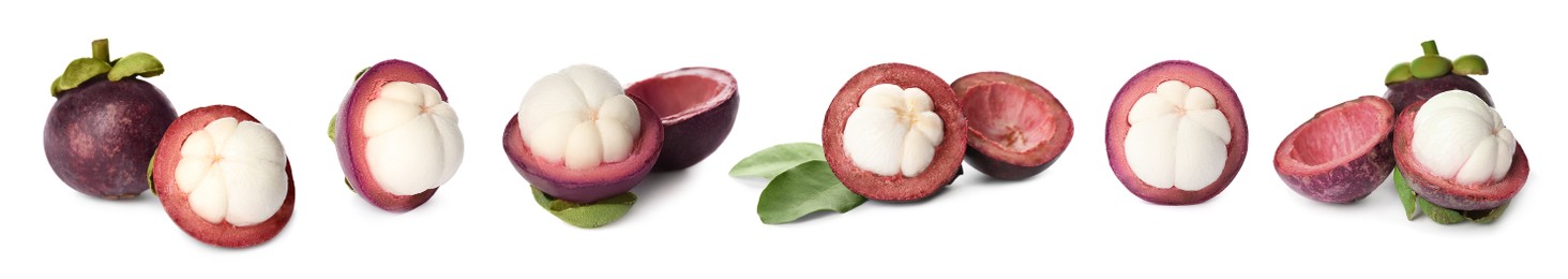 Set with delicious mangosteens on white background, banner design. Exotic fruits 