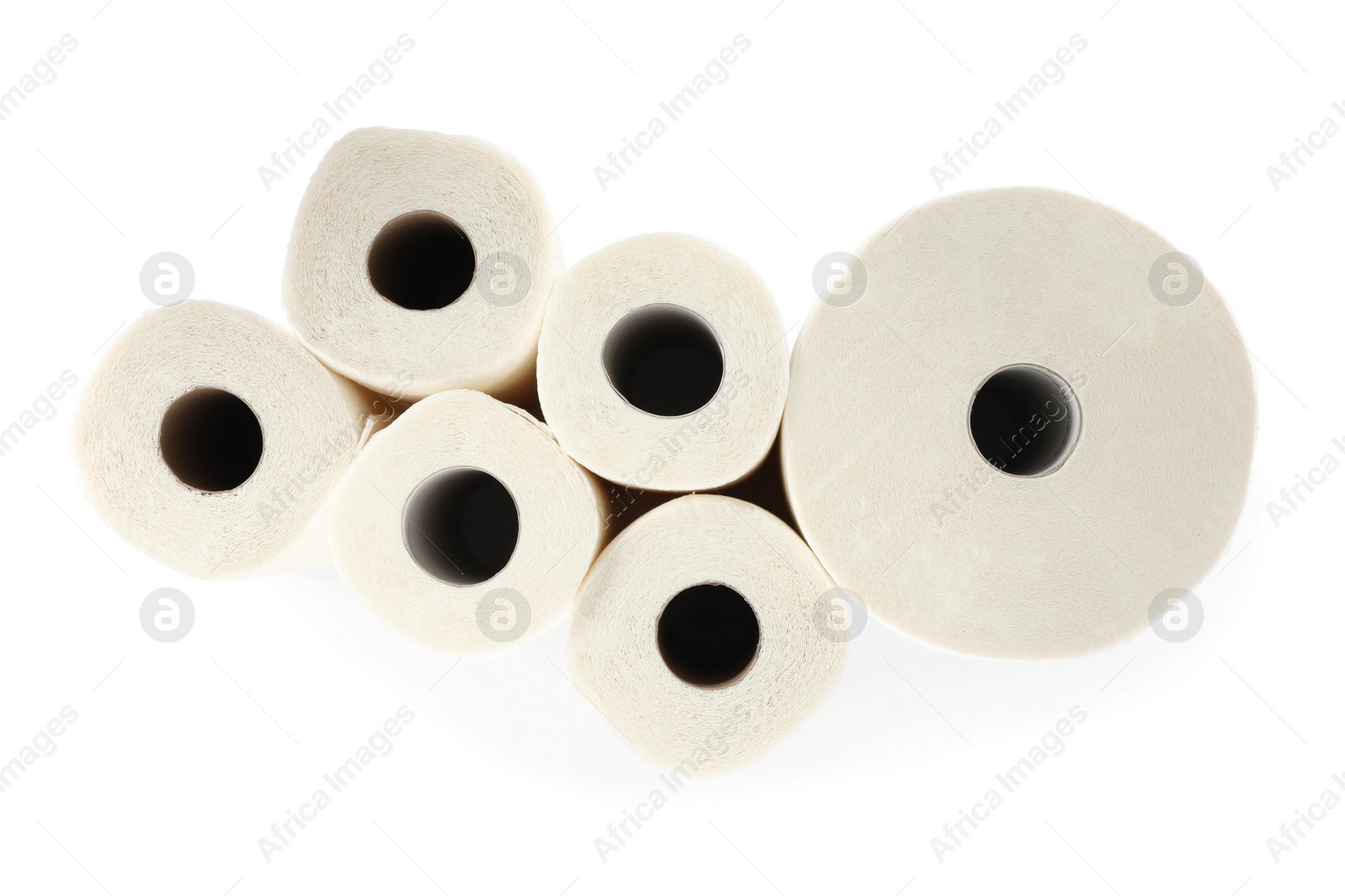 Photo of Many rolls of paper towels on white background, top view