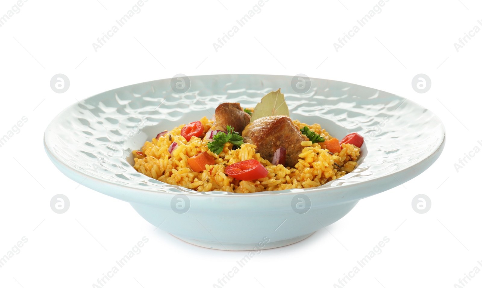 Photo of Plate with rice pilaf and meat on white background