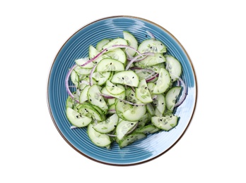 Plate with tasty cucumber salad on white background, top view