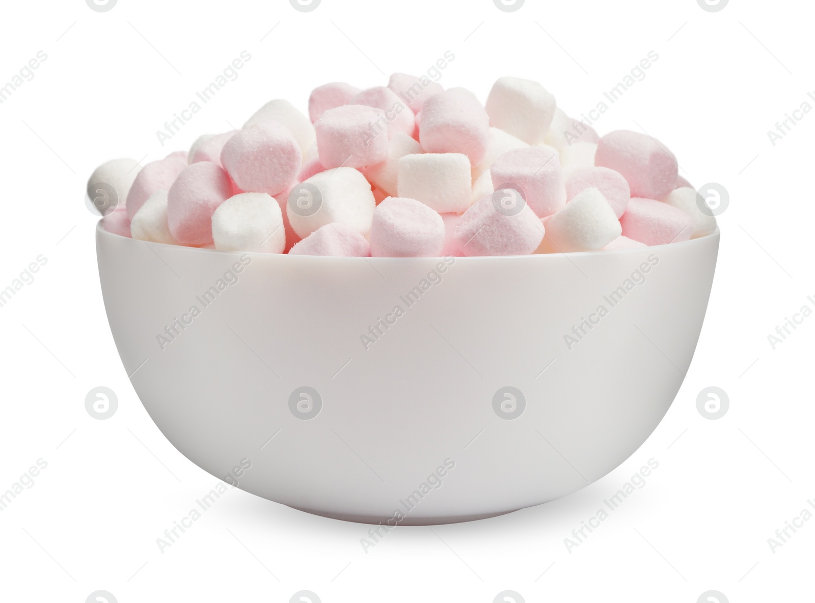 Photo of Bowl with delicious sweet marshmallow isolated on white