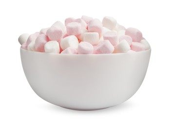 Photo of Bowl with delicious sweet marshmallow isolated on white