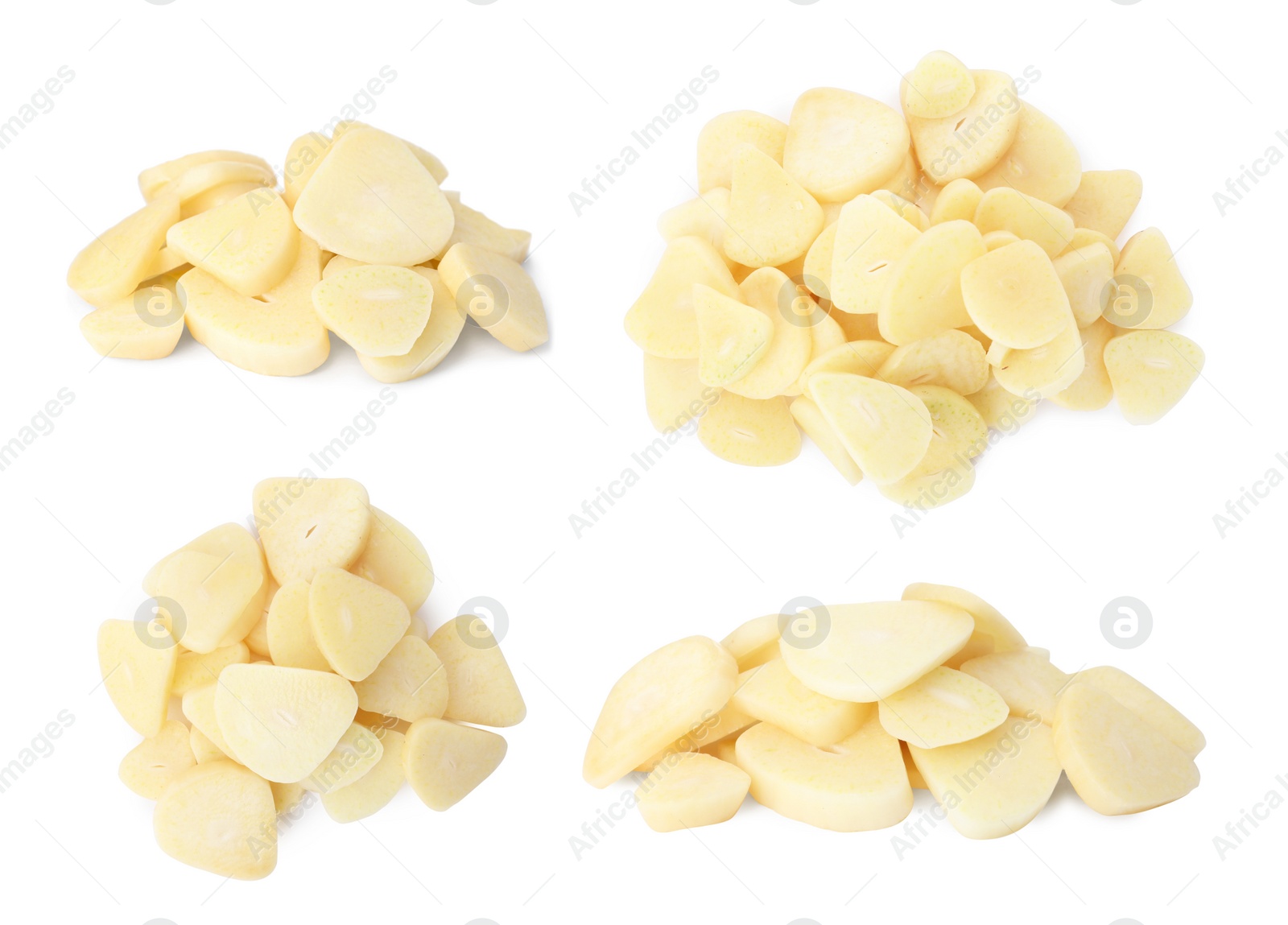 Image of Set of cut garlic on white background 