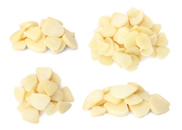 Set of cut garlic on white background 