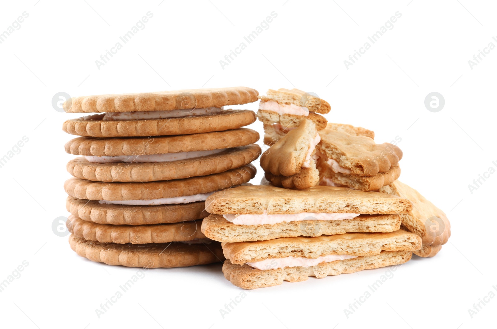 Photo of Tasty sandwich cookies with cream on white background