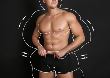 Image of Athletic man after weight loss on black background, closeup view