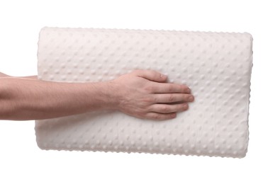 Photo of Man with orthopedic pillow on white background, closeup