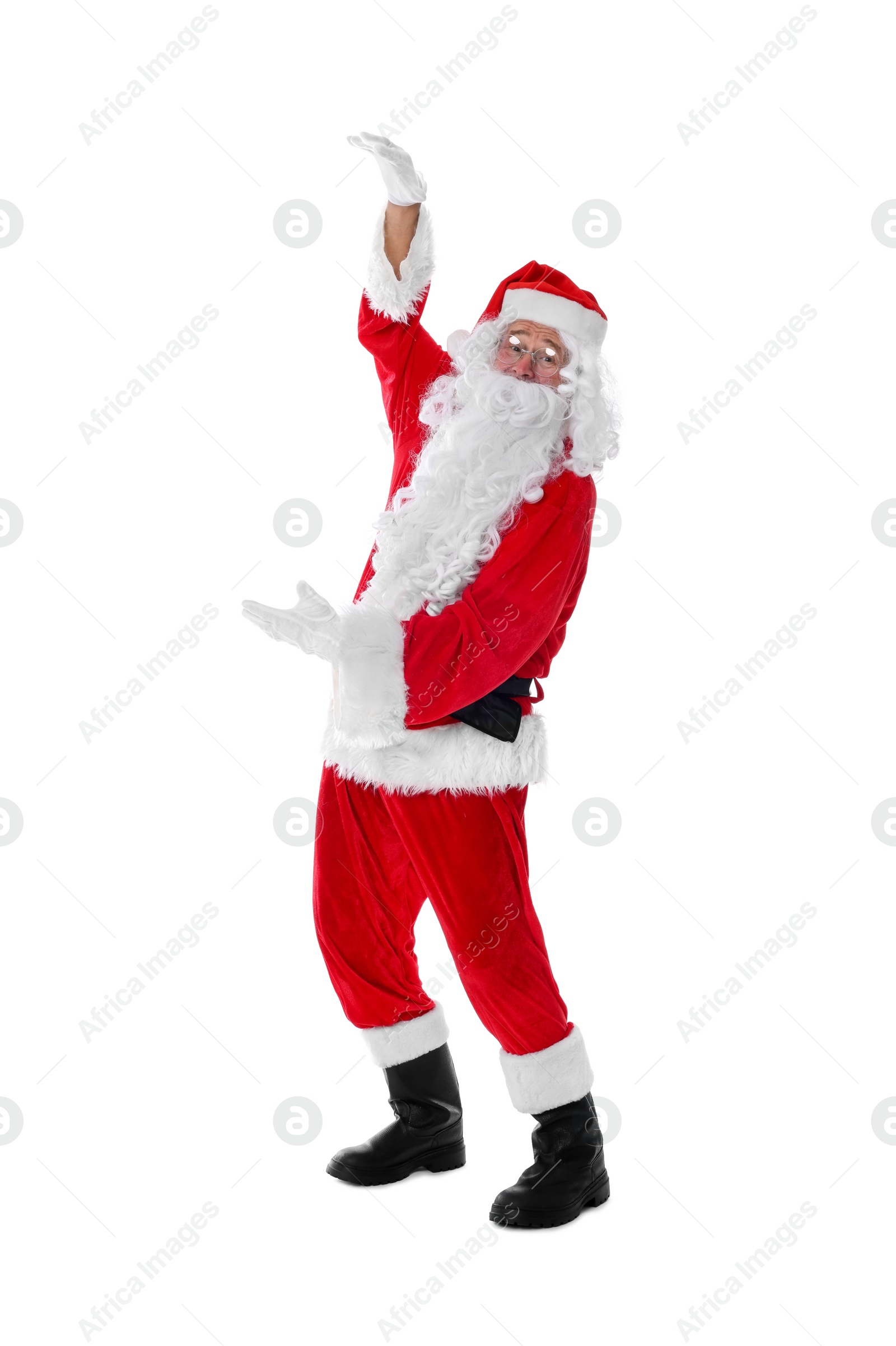 Photo of Man in Santa Claus costume posing on white background