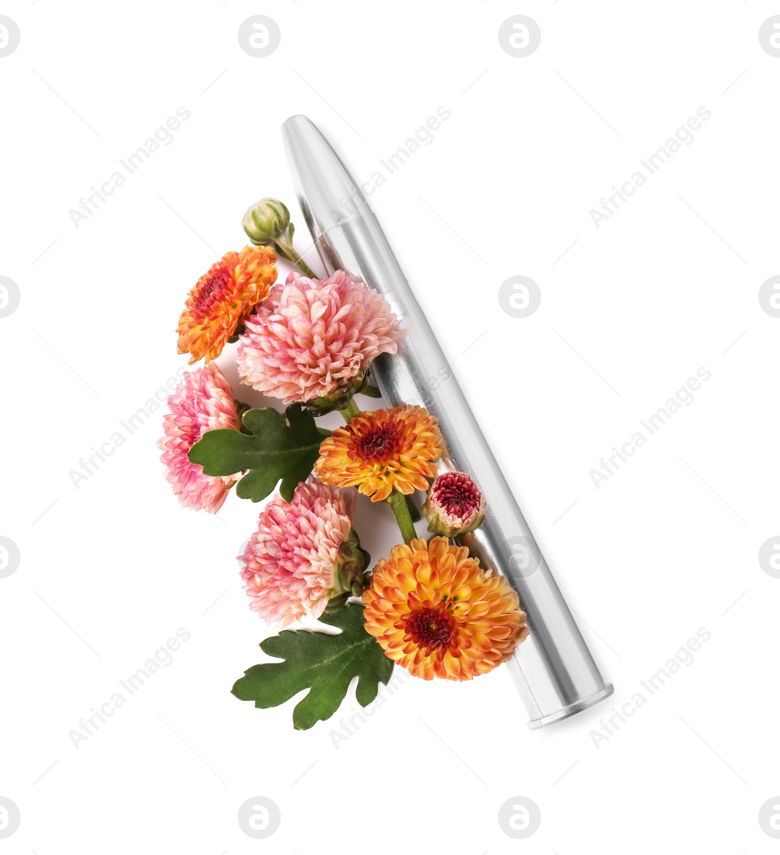 Photo of Bullet and beautiful flowers isolated on white, above view