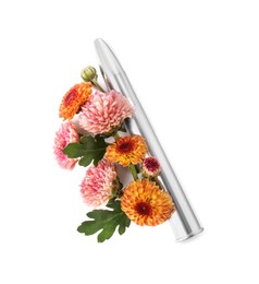 Photo of Bullet and beautiful flowers isolated on white, above view