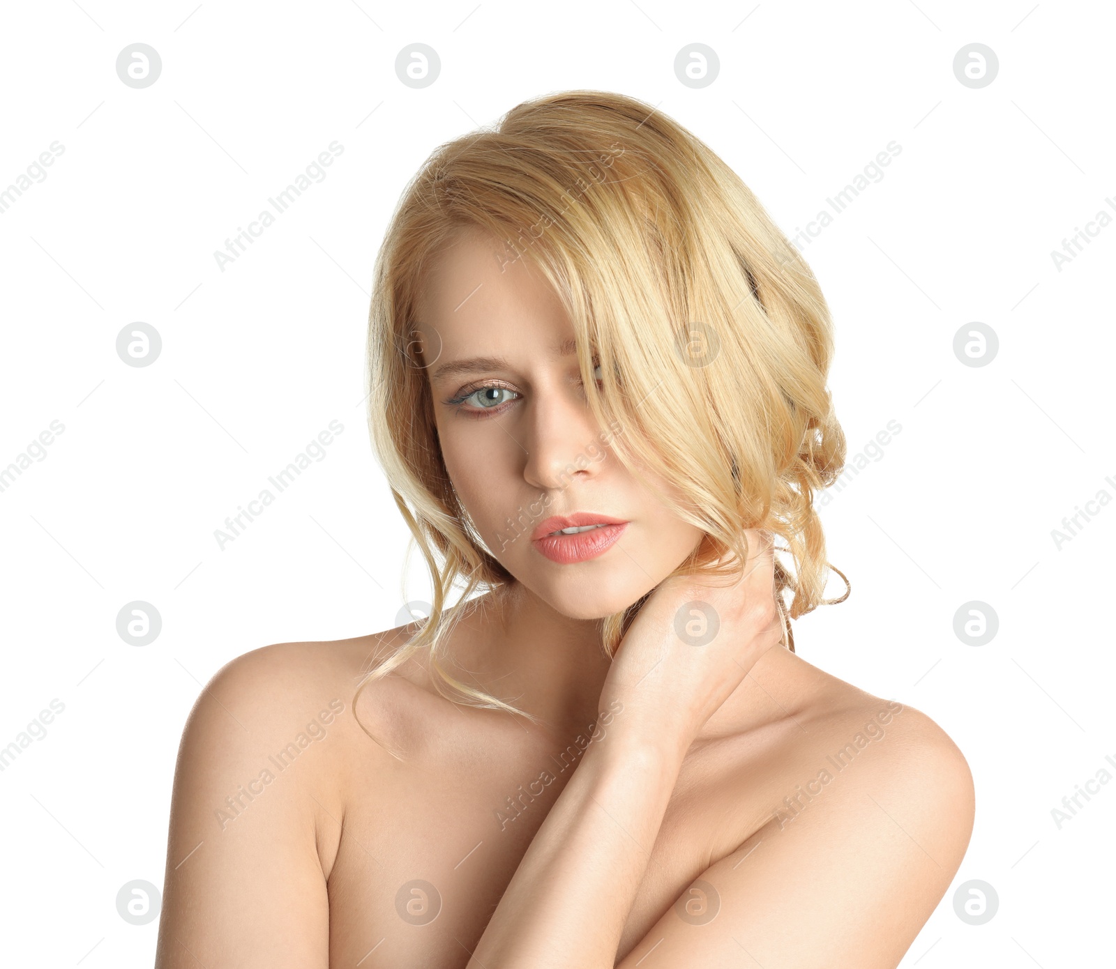 Photo of Portrait of beautiful woman with long blonde hair on white background