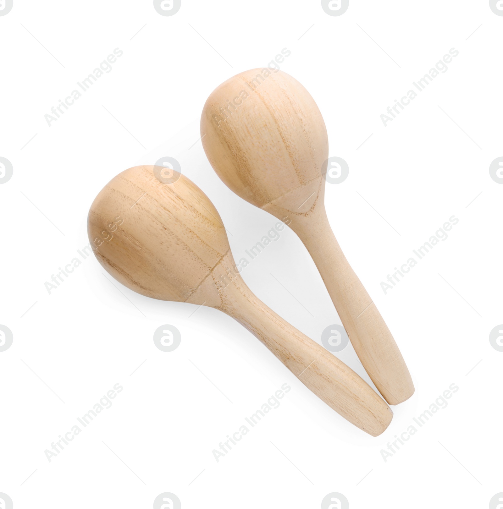 Photo of Wooden maracas isolated on white, top view. Musical instrument