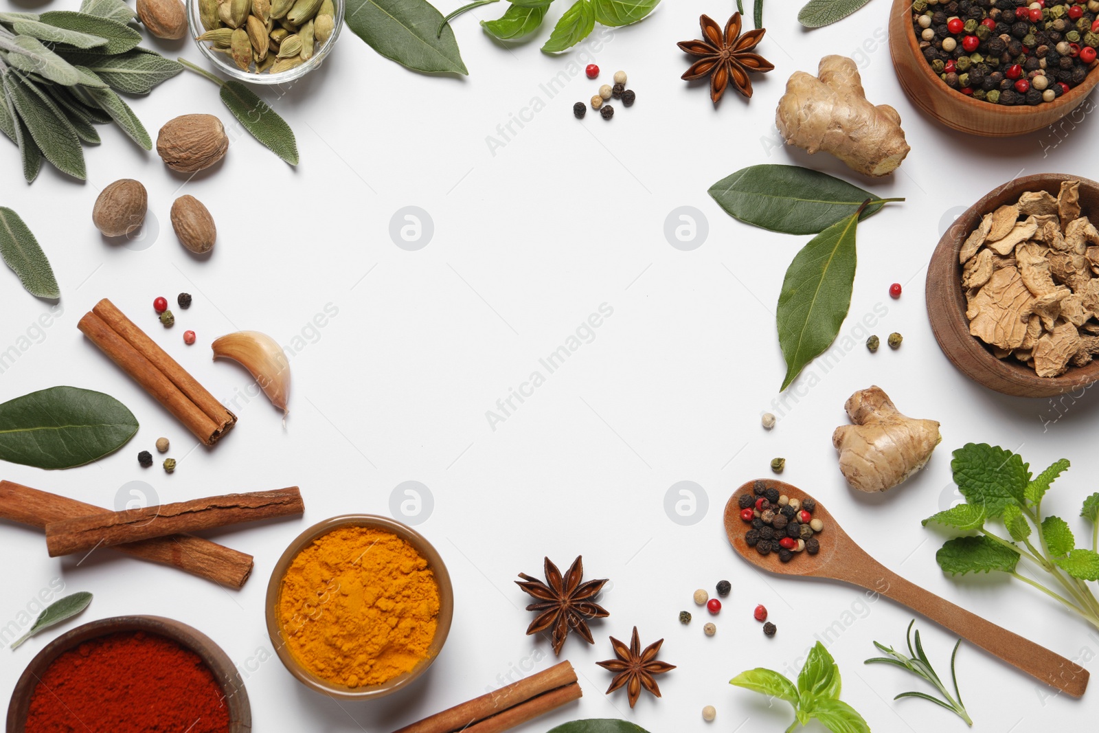 Photo of Different herbs and spices on white background, top view