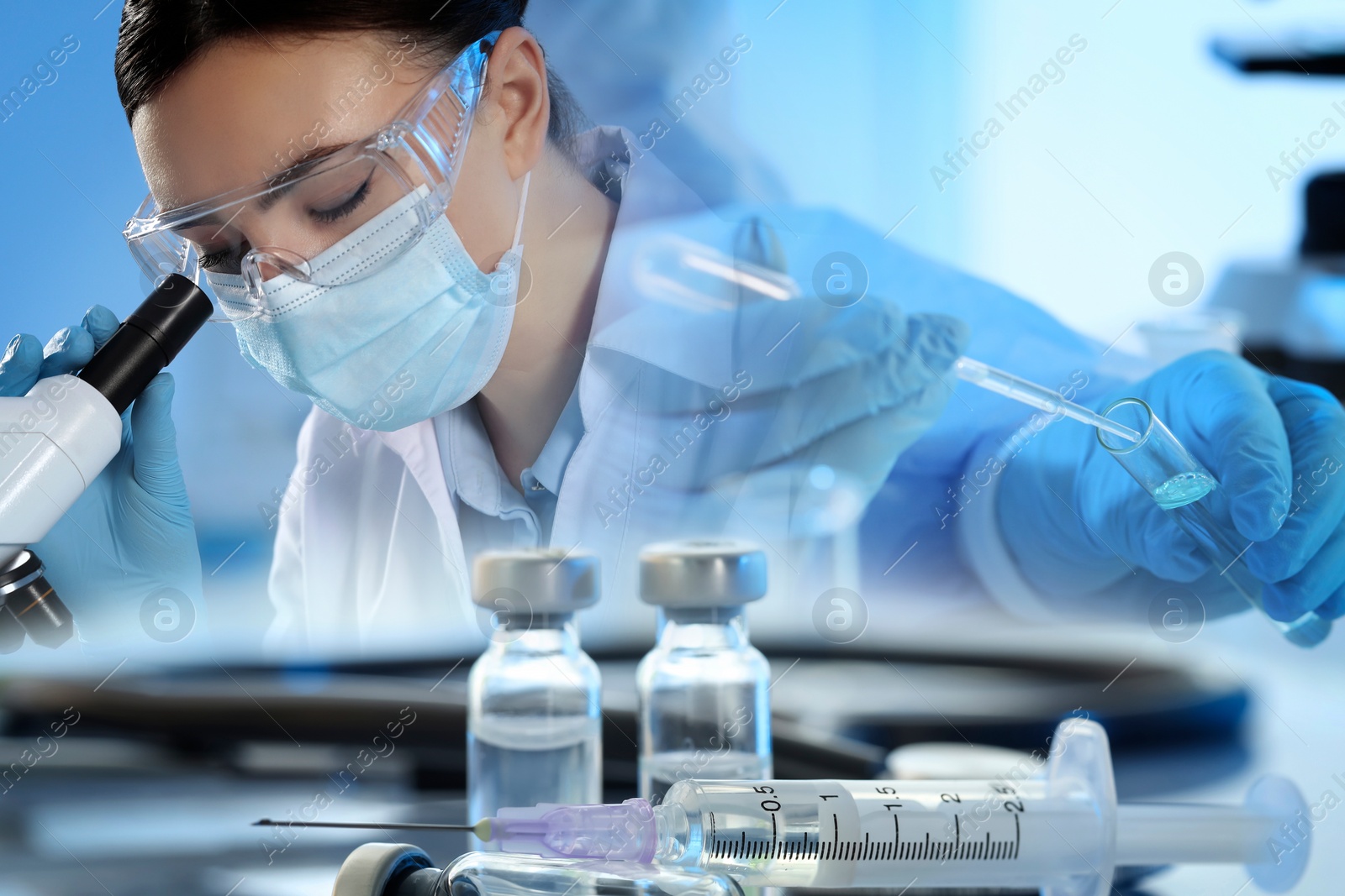 Image of Testing, analysis and experiment. Laboratory employees working, multiple exposure