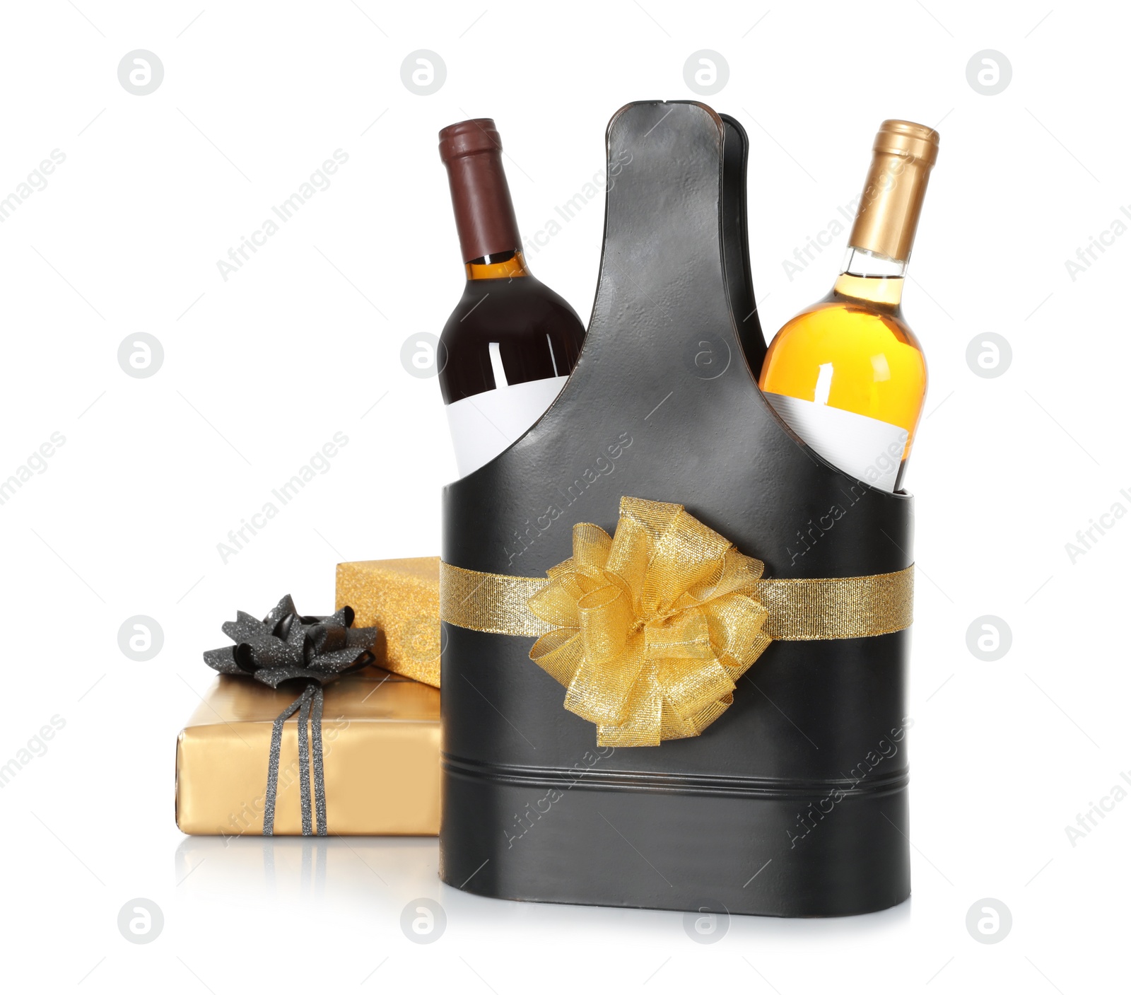 Photo of Festive package with bottles of wine and gift boxes on white background