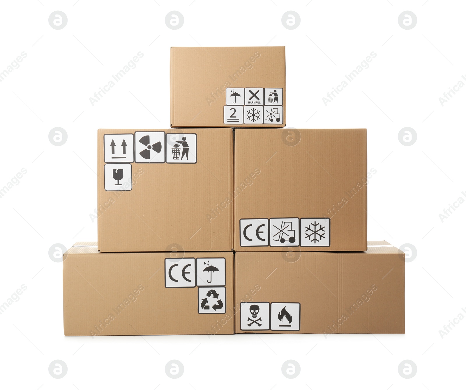 Photo of Stack of cardboard boxes with different packaging symbols on white background. Parcel delivery