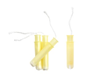 Set with tampons on white background. Menstrual hygiene product