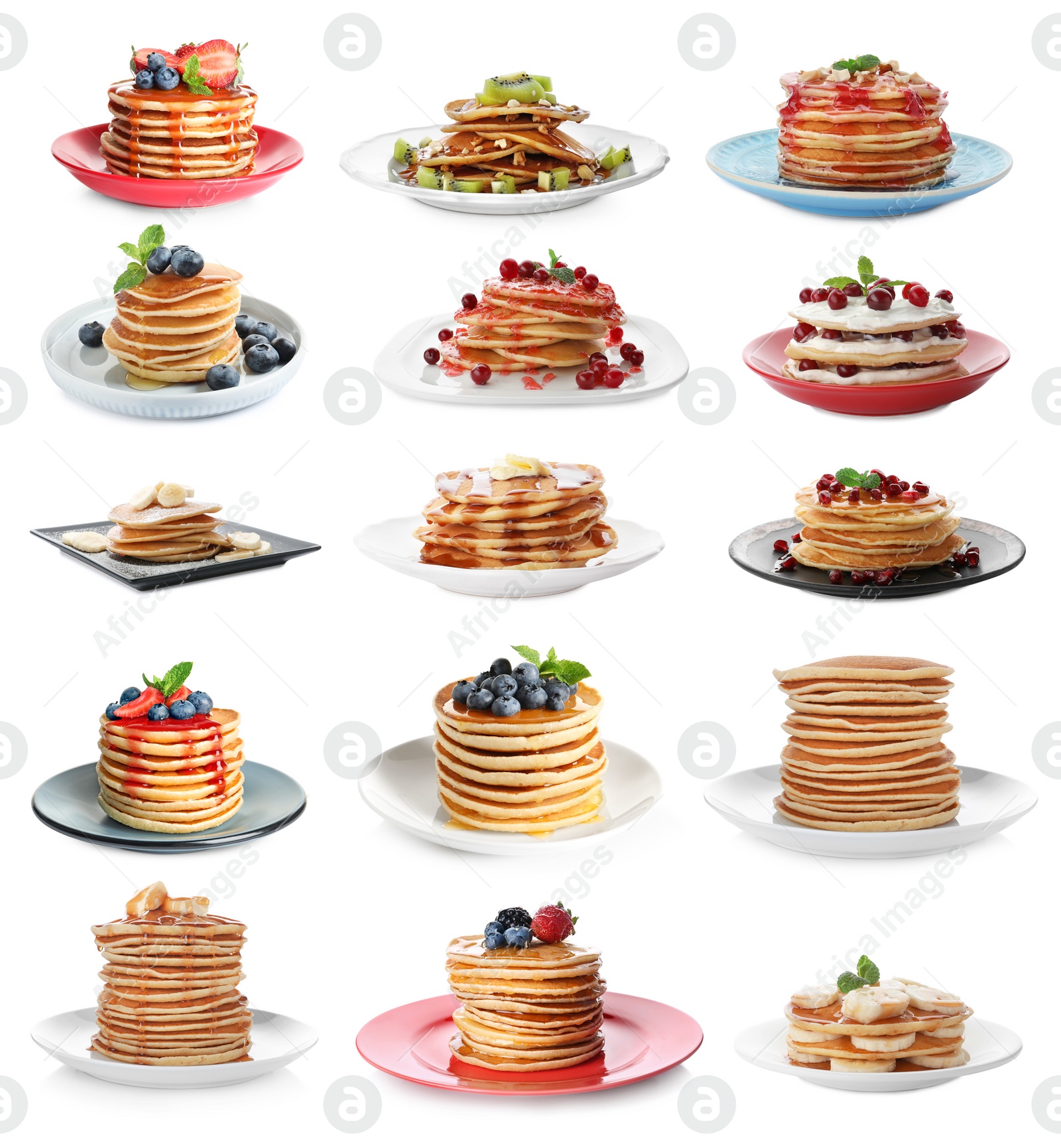 Image of Set of delicious pancakes with different toppings on white background