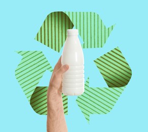 Image of Illustration of recycling symbol and man holding plastic bottle on turquoise background, closeup