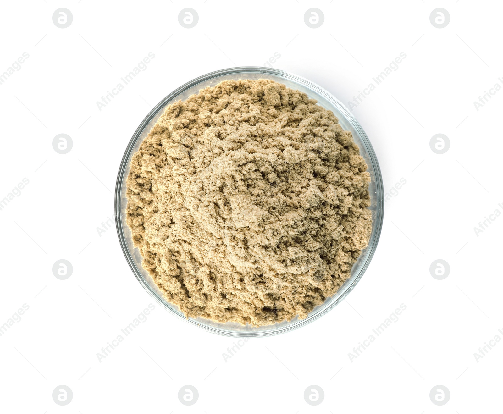 Photo of Bowl of fresh pumpkin seed flour isolated on white, top view