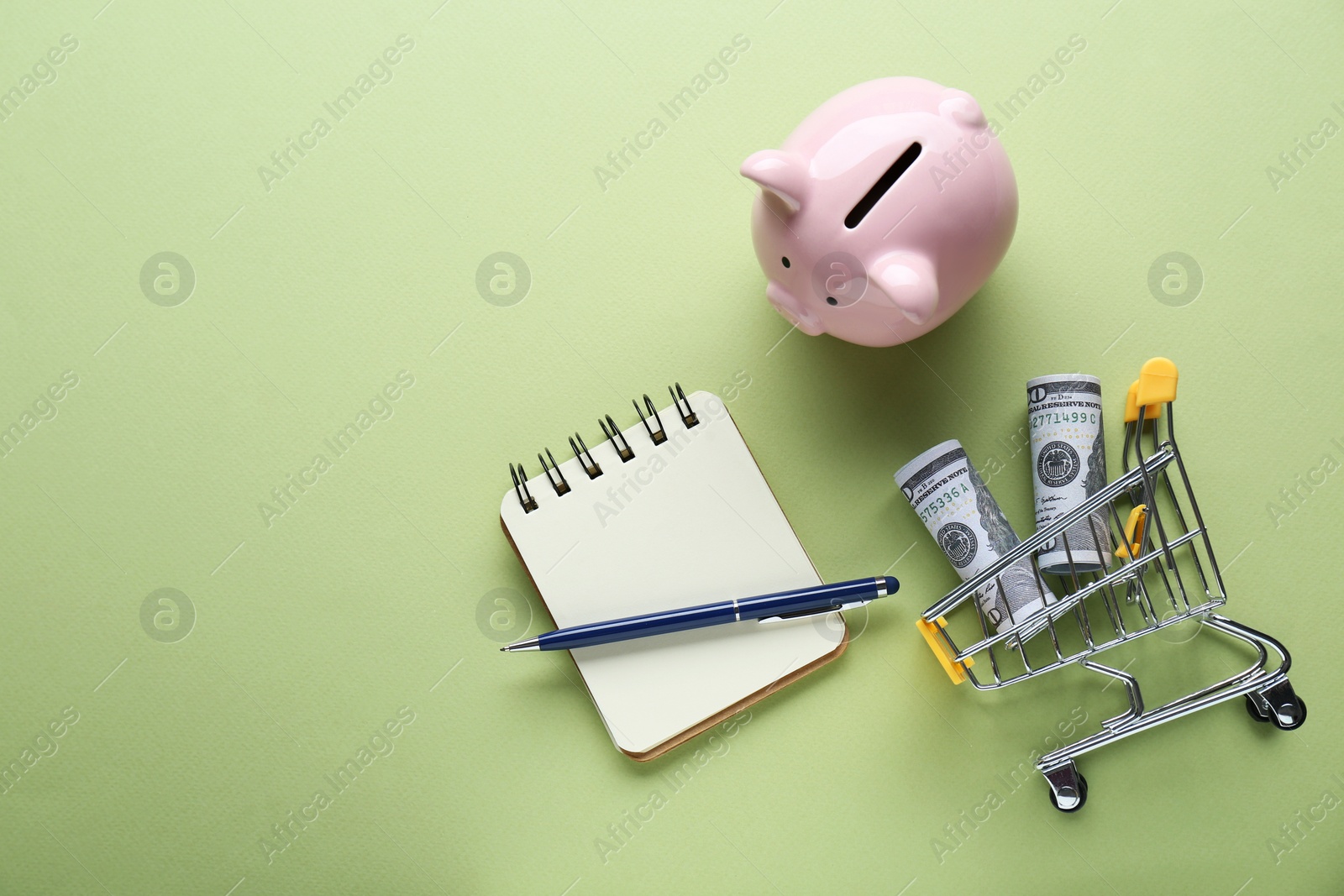 Photo of Notebook, piggy bank and cart with money on green background, flat lay. Space for text