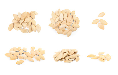 Image of Set of raw pumpkin seeds on white background