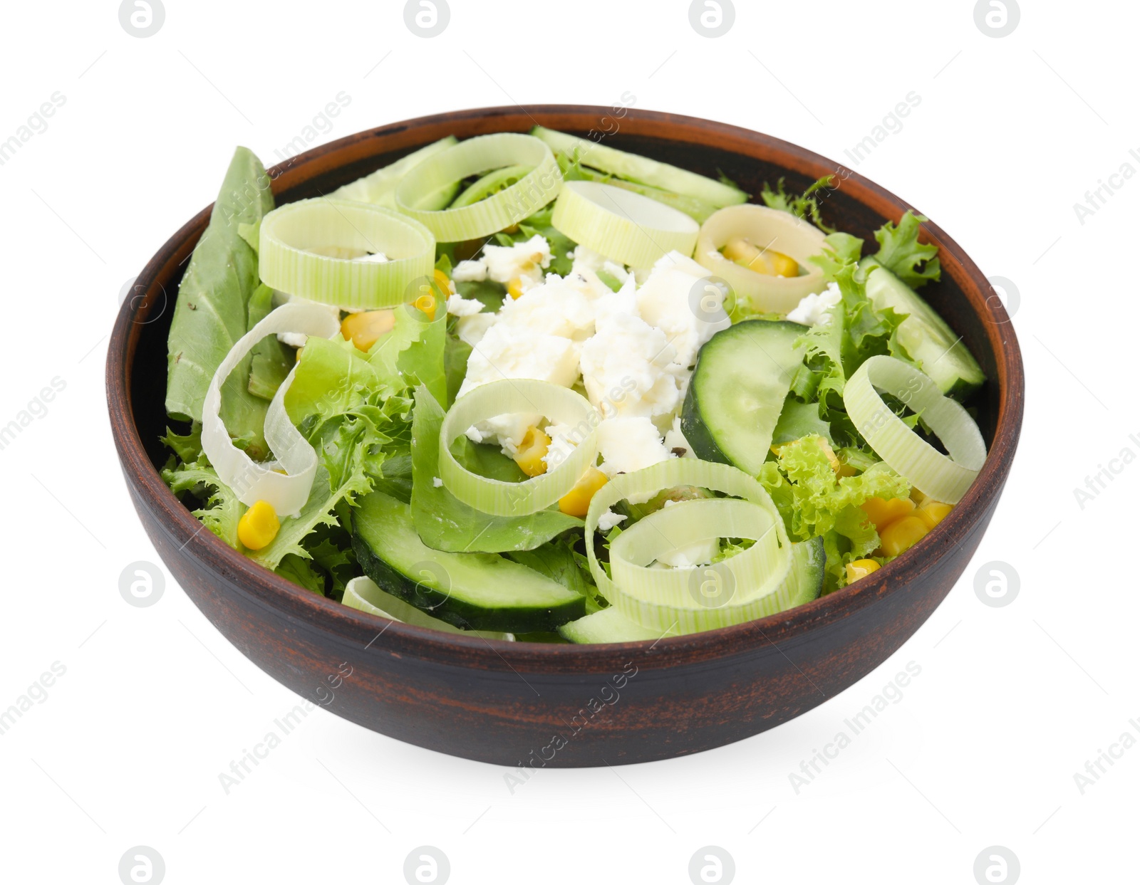 Photo of Bowl of tasty salad with leek and cheese isolated on white